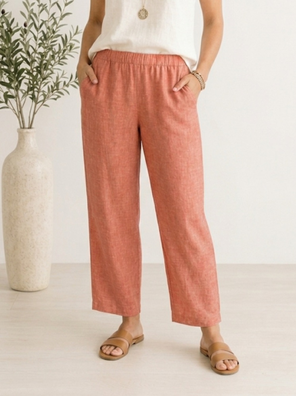 Chicos Straight Ankle Pants Linen Blend Orange Coral Beach Vacation Women’s Sz 8